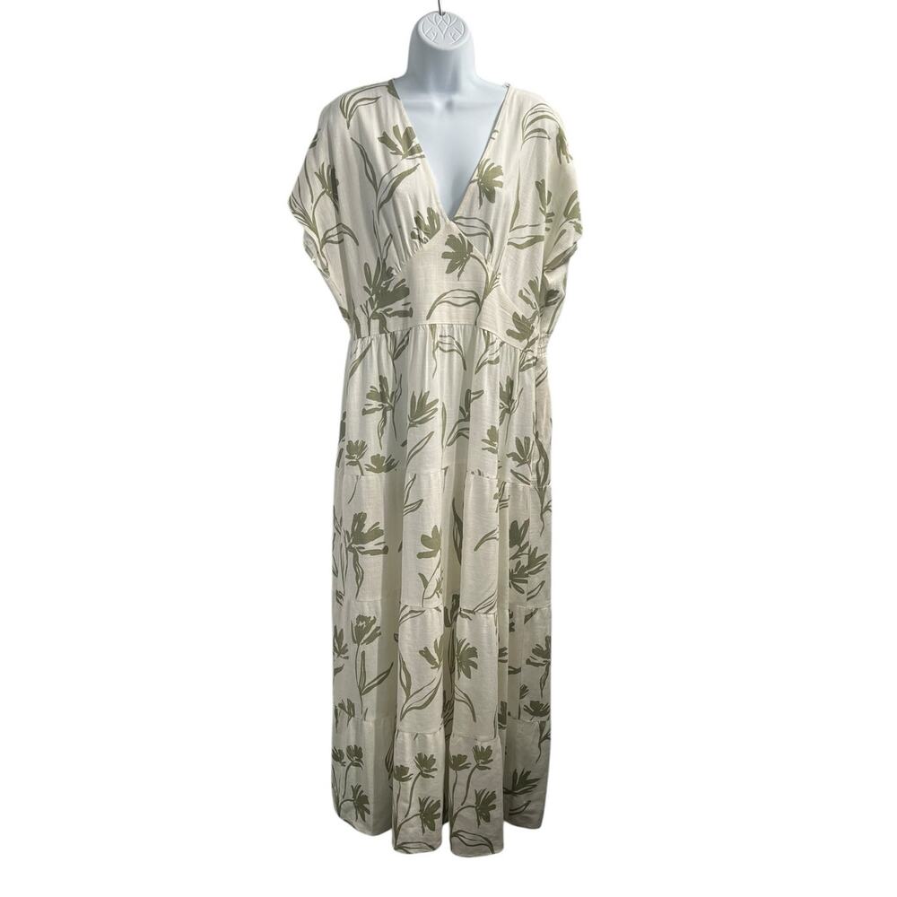 White Closet Elements Linen Blend Cream Olive Green Empire Waist Maxi Dress XL - Picture 2 of 12